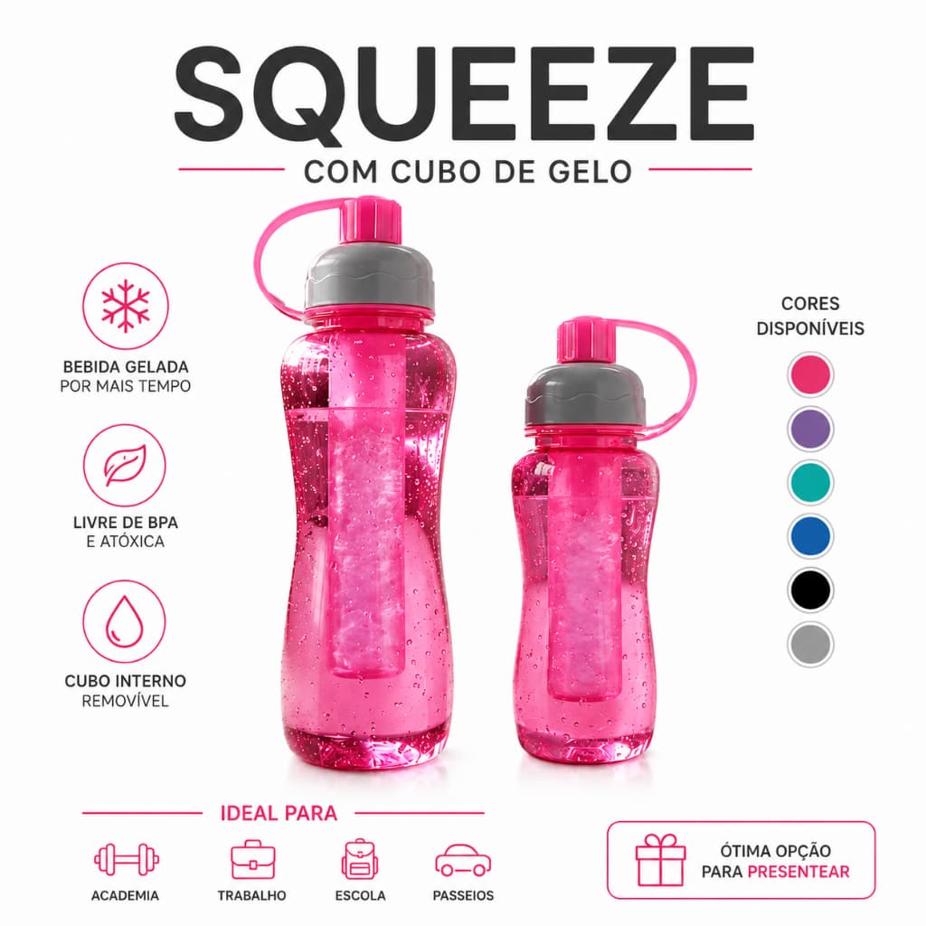 Squeeze Garrafa 600ml/450ml com Tubo de Gelo | Academia Escola Fitness Cores