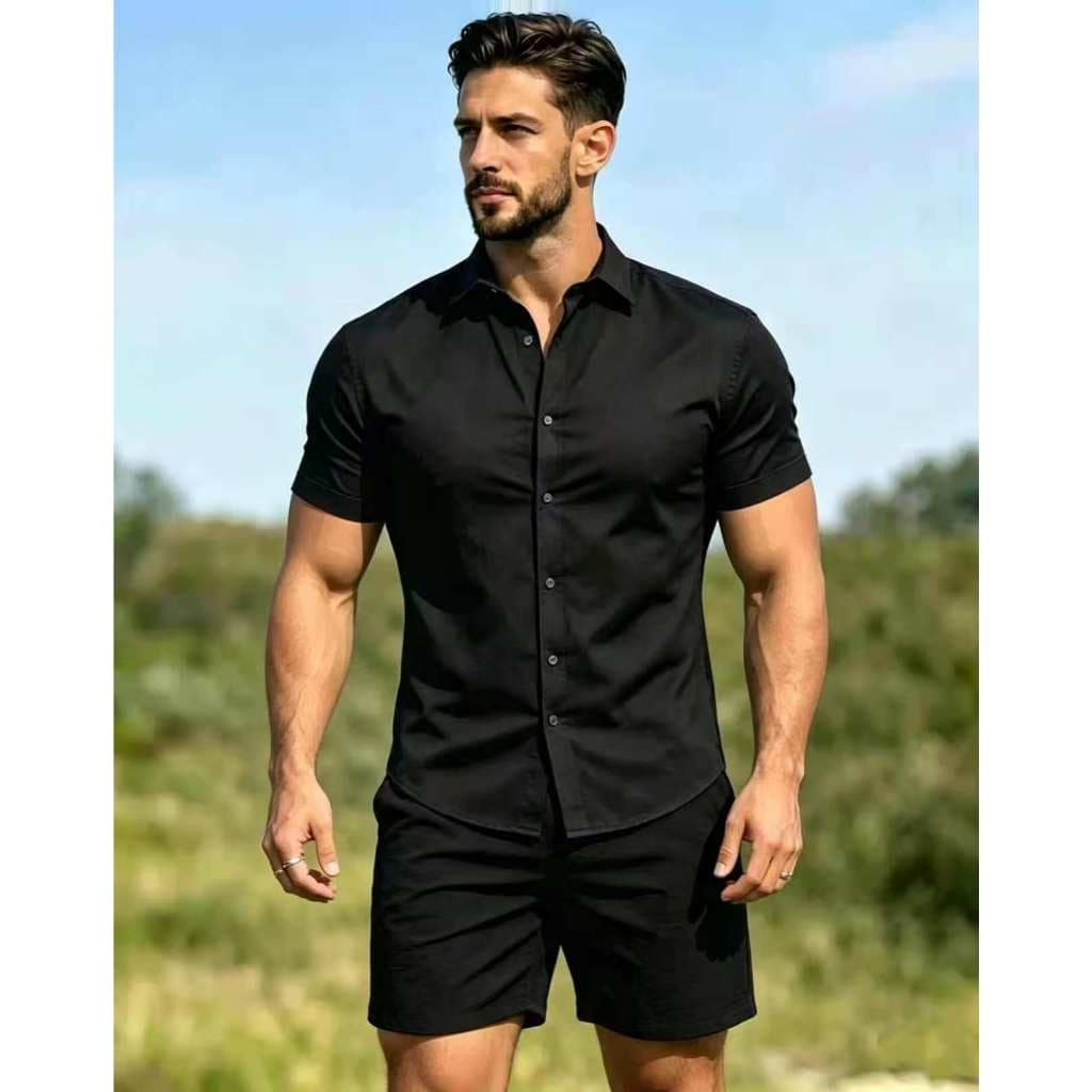 Conjunto Masculino Camisa Preta Slim Fit Manga Curta e Shorts — Look Casual de Verão 2 Peças