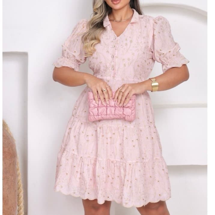 Vestido CURTO feminino premium layse bordado 3d e liso (botão funcional,manga princesa,forro,lastex)