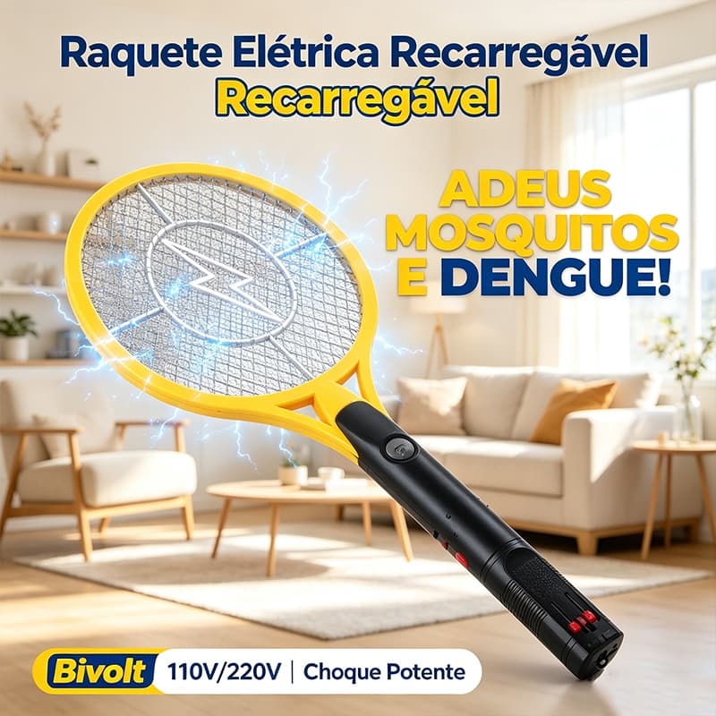 Raquete Elétrica Recarregável Bivolt 110V/220V para Mosquitos com Tela Metálica Tripla, Cabo Ergonômico e Choque Potente