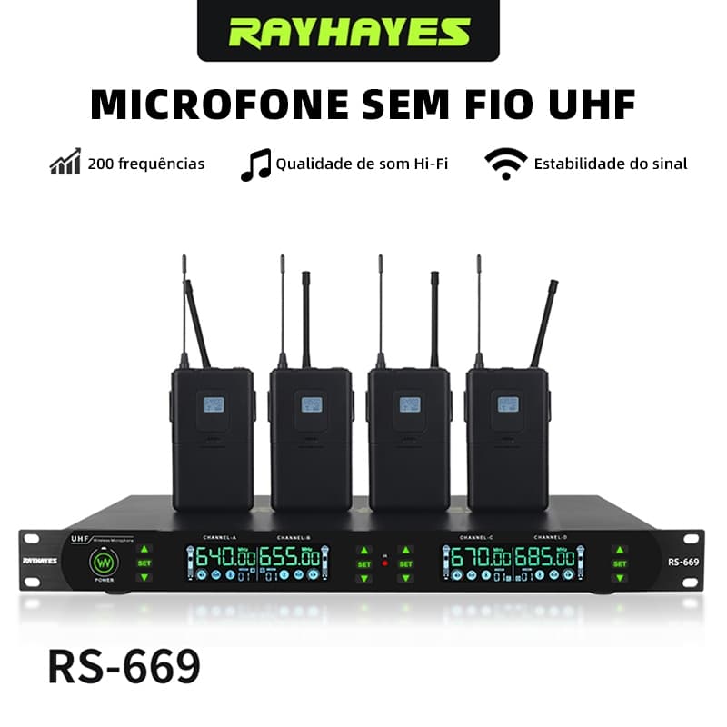 Microfone sem fio UHF RAYHAYES 200 Canais Ajustável, Microfone Headset e Lapela, Receptor 4 Antenas, Ideal Para Show