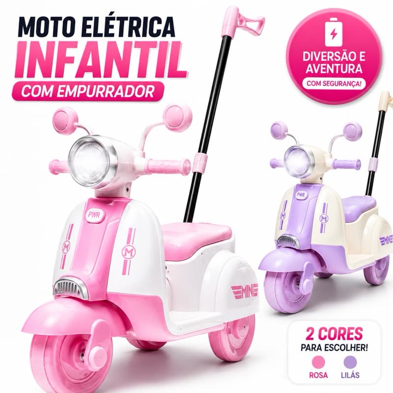 Moto Elétrica Infantil Com Empurrador Rosa ou LILÁS 6V Proteçâo Segurança