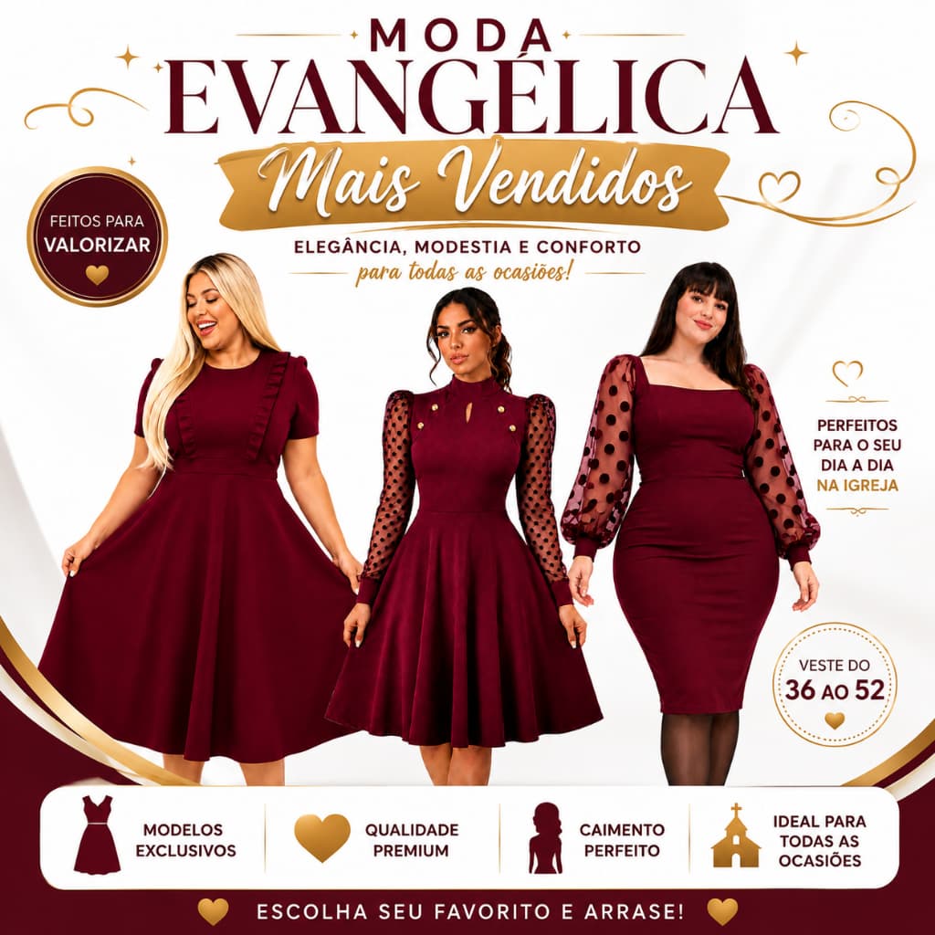 Vestido Moda Evangélica Social Midi Gospel Marsala Plus Size Preto Manga Bufante Princesa Boneca Godê Evasê Executiva