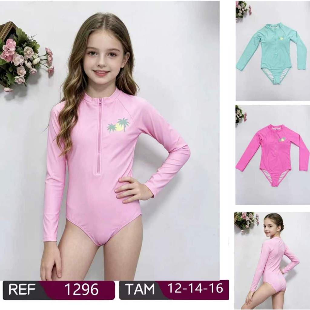 Maiô Infantil Manga Longa Proteção UV50+ Praia Piscina Zíper Biquini Juvenil