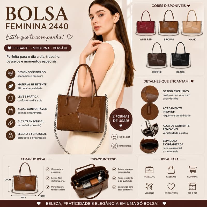 Bolsa Feminina 2440 Elegante com Alça de Corrente Removível Bolsa de Ombro e Transvers