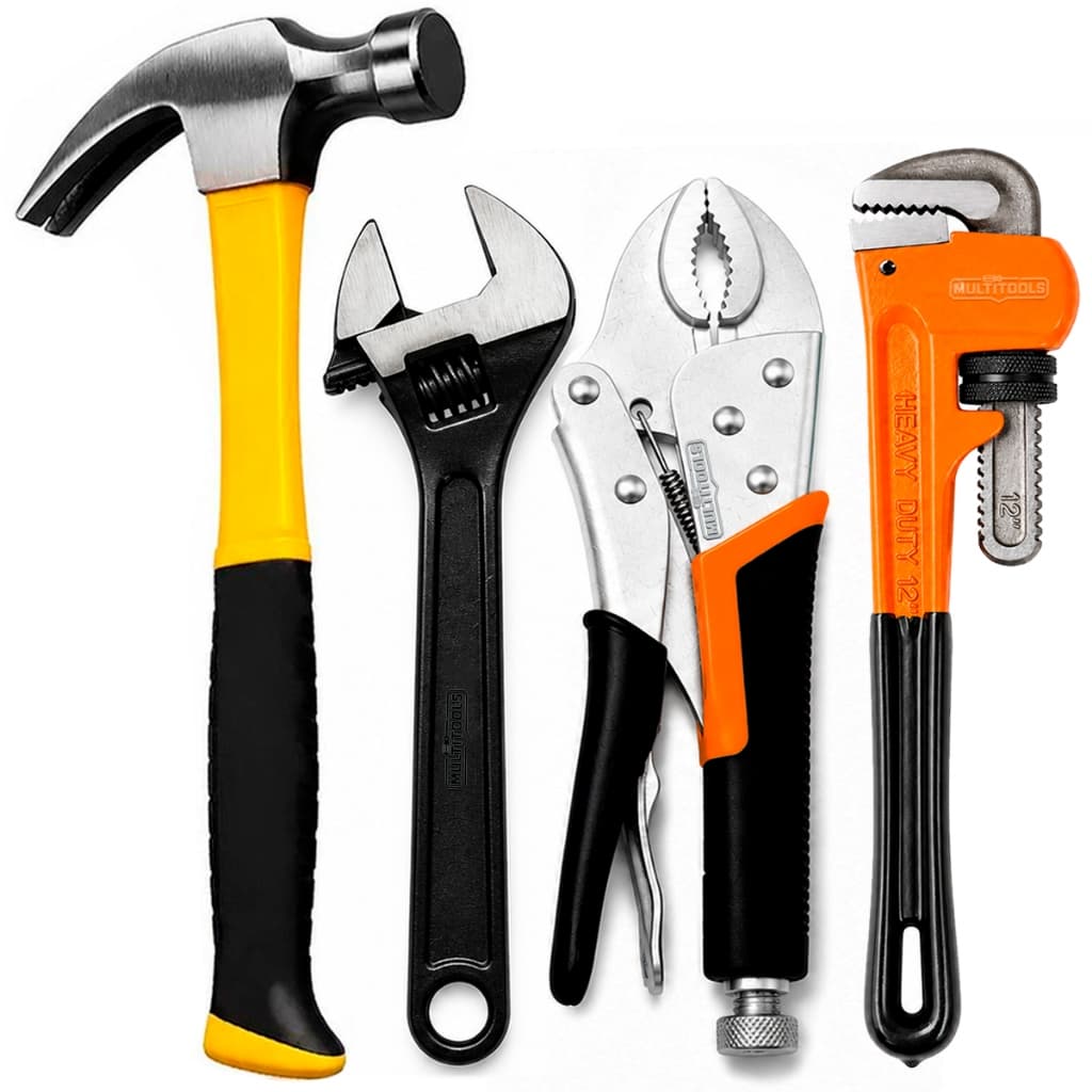 Kit de Ferramentas Chave Inglesa Alicate de Pressão e Chave Grifo + Martelo