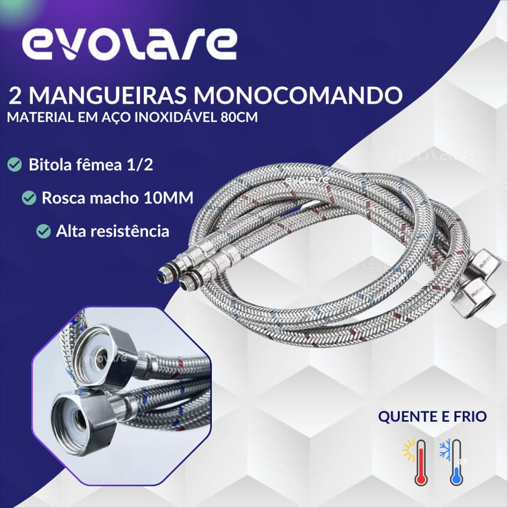 Mangueira Monocomando Engate Flexível 80cm Comprimento com Ponta de 10mm - 2 Unidades