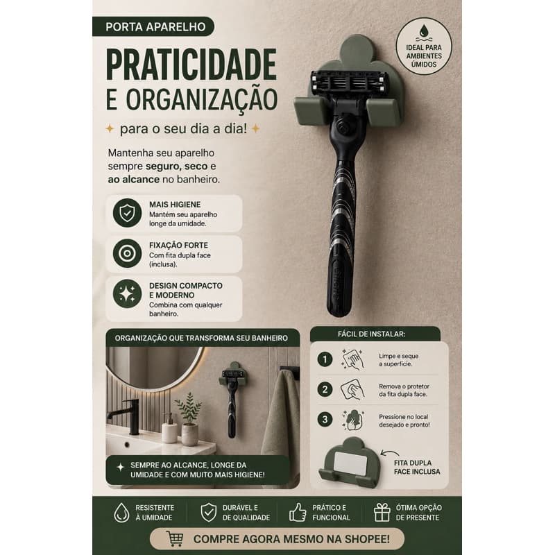 03 Porta Aparelho de Barbear Autoadesivo | Suporte de Parede para Prestobarba | Organização para Banheiro