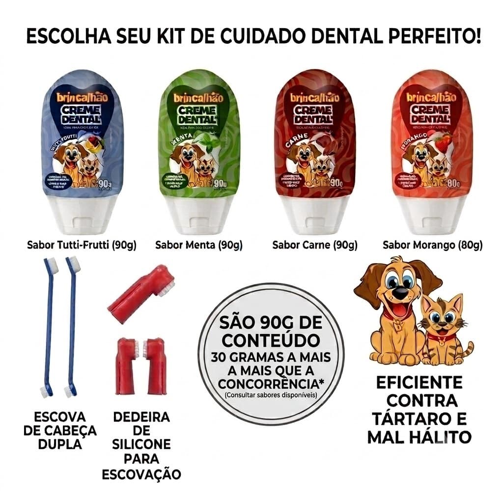 Combo 1 Creme Dental 90g 2 Escovas de Dente Para Cães e Gatos Elimina Mal Hálito Tártaro