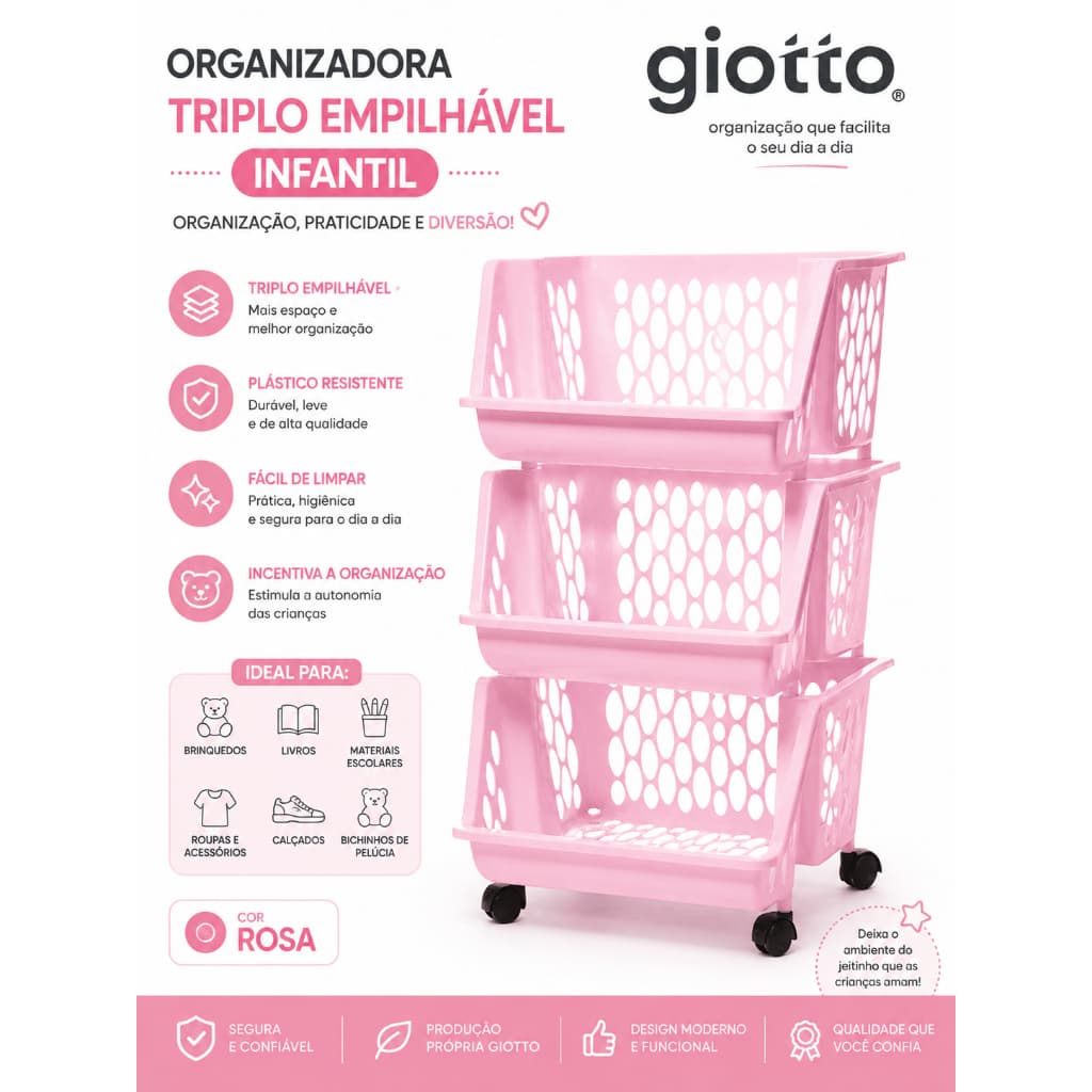 Organizadora Triplo Empílhavel Rosa Infantil Detalhes Vazado Fruteira organizador utensílios quarto