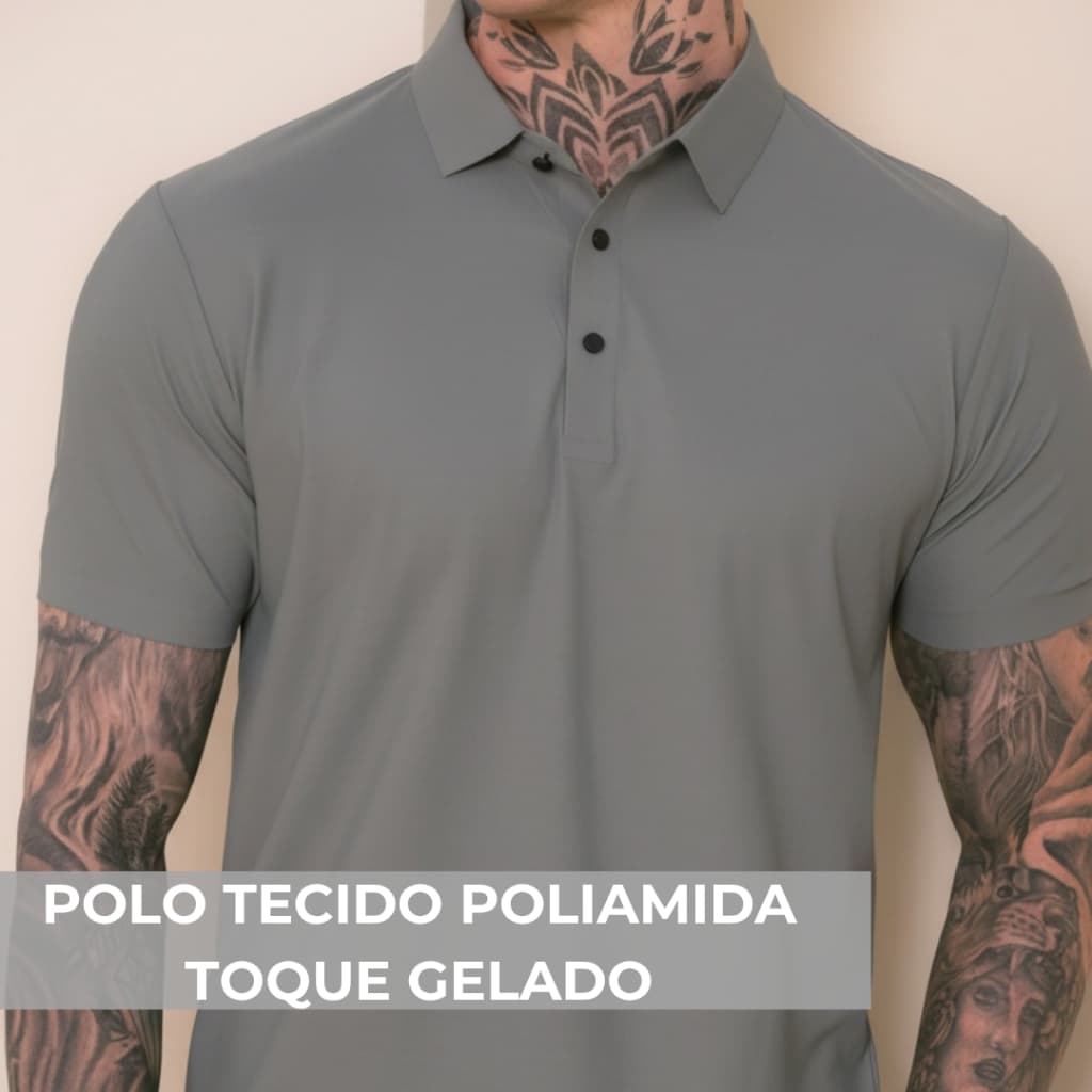 Camisa Poliamida Gola Polo Toque Gelado Premium Camiseta Masculina com Gola e Botao Tecido Gelado Elastico Sem Costura