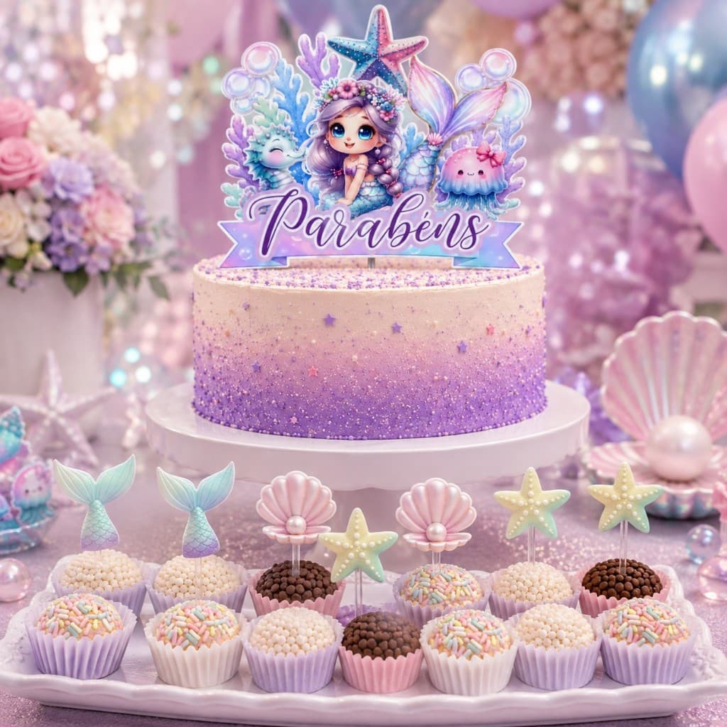 50 Topper Palito Docinho Decorado Tema Sereia Concha Mar Candy