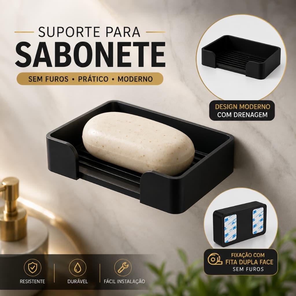 Suporte Saboneteira Parede Sem Furo Fita 3M Drenagem Organizador Banheiro Porta Sabonete Fixação Forte