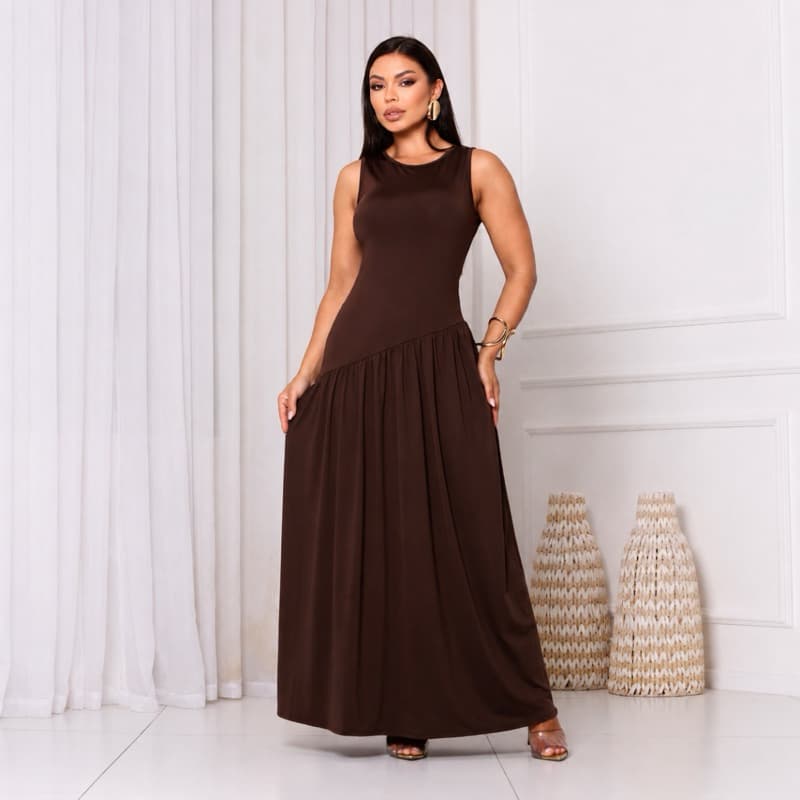 Vestido Longo Feminino Suplex Assimétrico Elegante Casual Sem Manga Soltinho