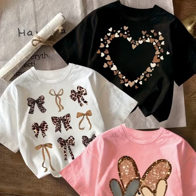 Kit 3 Blusas Infantil Feminina T-Shirt Estampada Laços Modinha Coquette Menina Algodão Confortável