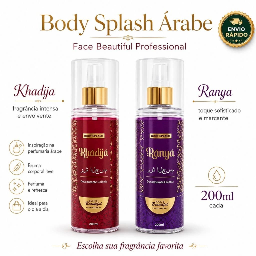 Body Splash Árabe Feminino Ranya ou Khadija Face Beautiful | 2 Fragrâncias | Perfume Feminino Marcante e Elegante
