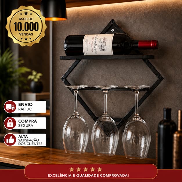Adega de Parede Suporte Para Vinho Porta Taças 1 Garrafa 3 Taças Barzinho Decoração