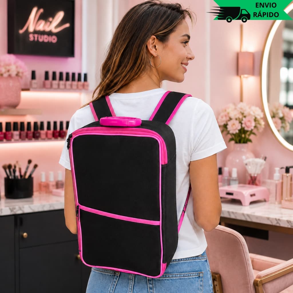 Maleta Mochila P/manicures Para até 90 Esmaltes Mala Bolsa Preta Com Rosa