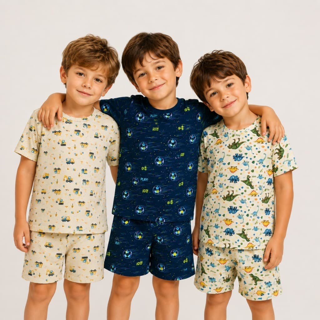 Kit 3 ou 5 Pijamas Infantil Menino Verão Camisa + Shorts Estampas Sortidas 2 ao 16 Anos