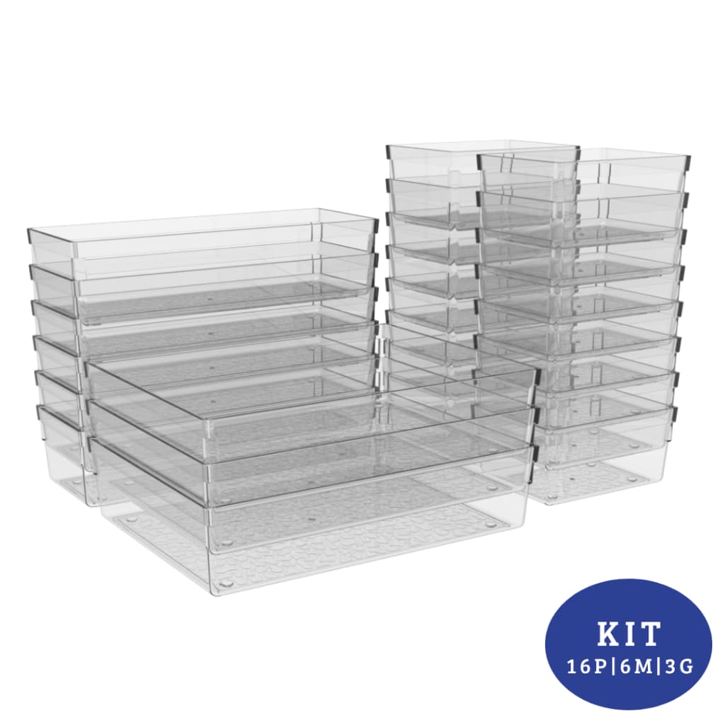 Kit com 25 Organizadores de Acrilico Multiuso Modular Geladeira Armário Cozinha Banheiro 16P 6M 3G
