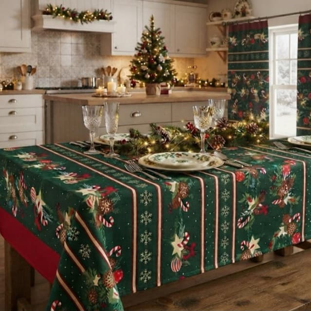 Kit de cozinha estampado Natalino Cortina para varão simples e Toalha de mesa de 4 ou 6 lugares - Natal ou variadas