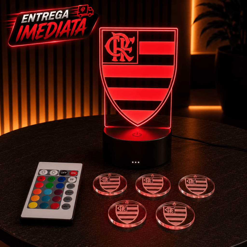 Luminária 3D Flamengo com 5 CHAVEIROS + Controle - Luz no acrílico - Decoração Flamengo
