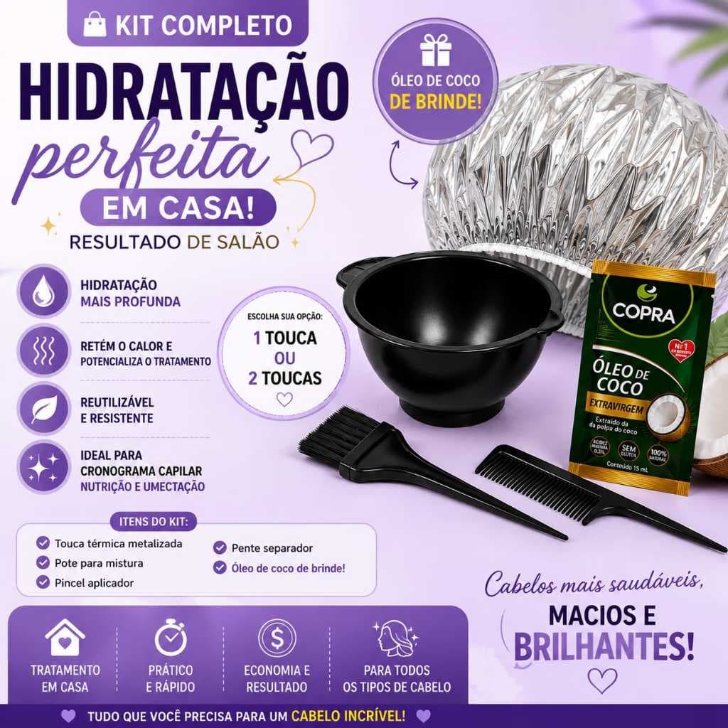 Kit Hidratação Capilar Com 1 ou 2 Toucas Térmica Metalizada + Óleo de coco + Pote e Pincel-Tratamento em casa