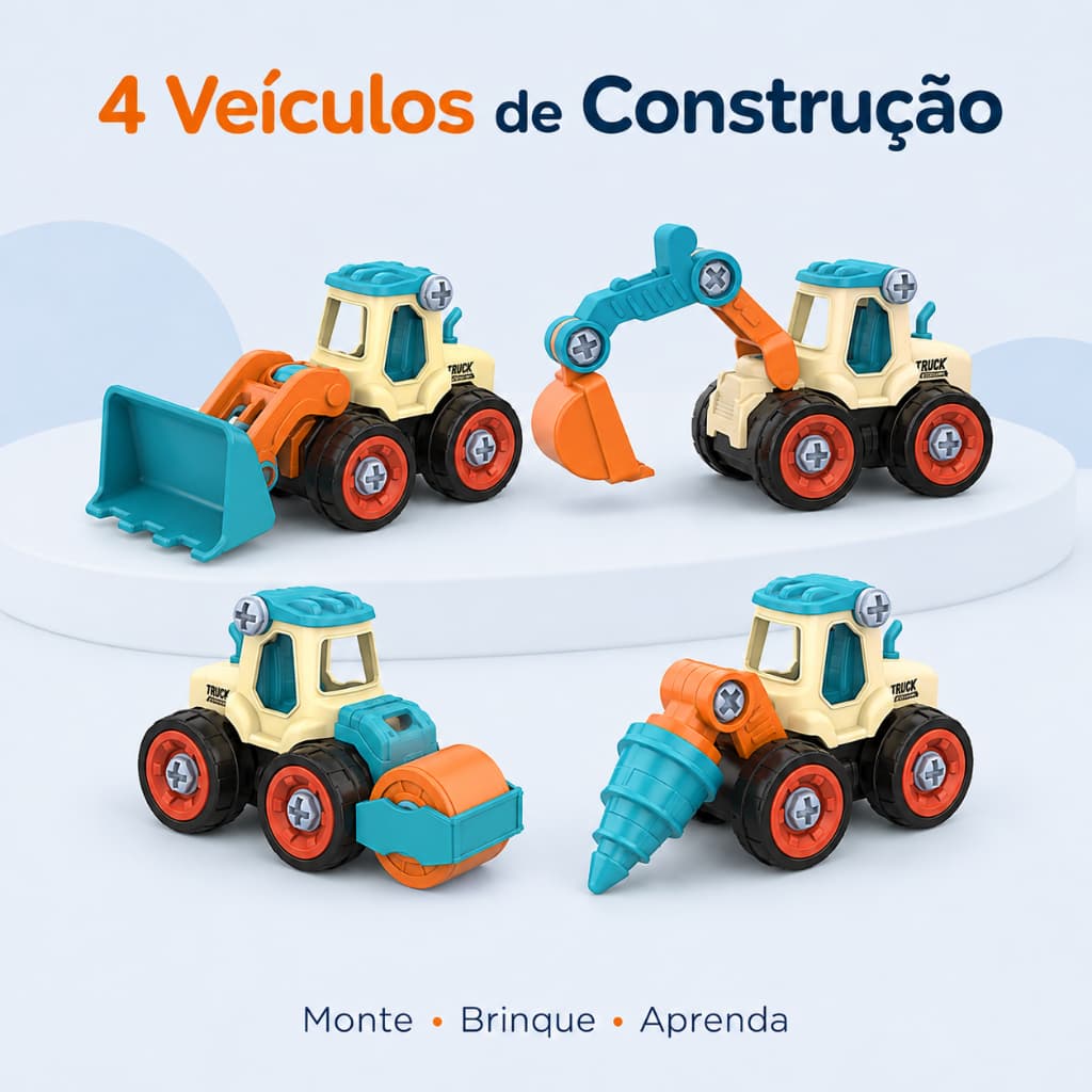 Kit 4 Carrinhos de Construção Infantil Montar e Desmontar com Ferramentas Brinquedo Educativo para Crianças