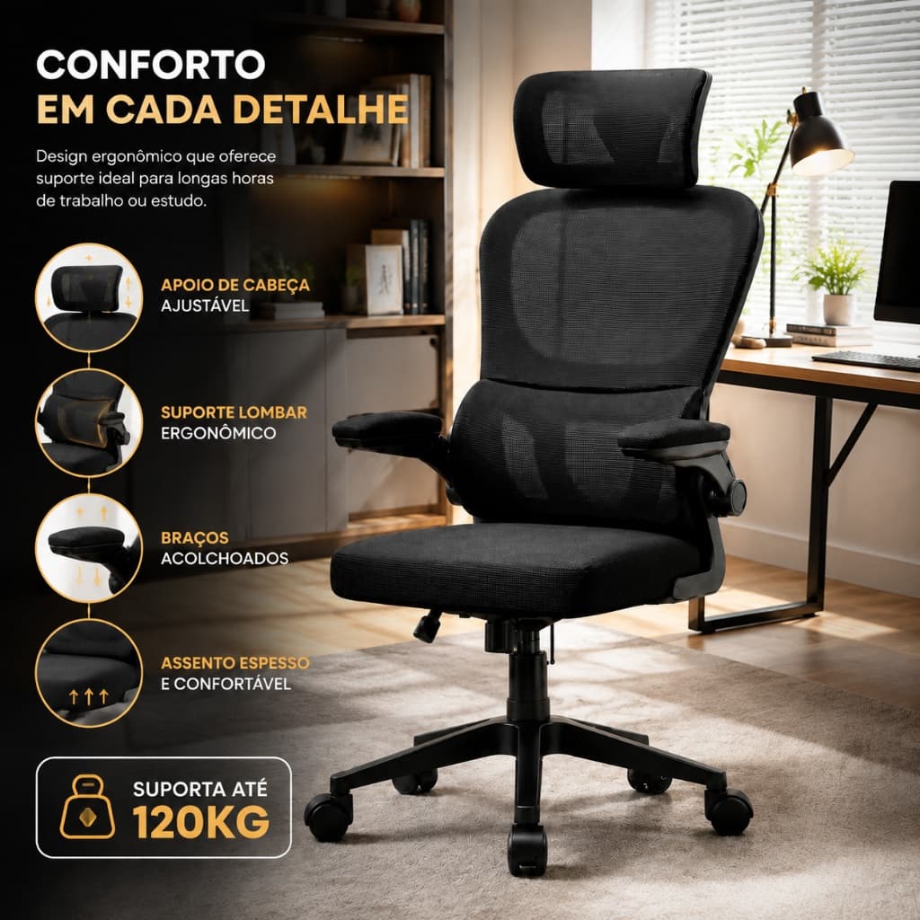 Cadeira de Escritório Ergonômica Preta com Apoio Lombar, Braços Ajustáveis e Encosto Mesh