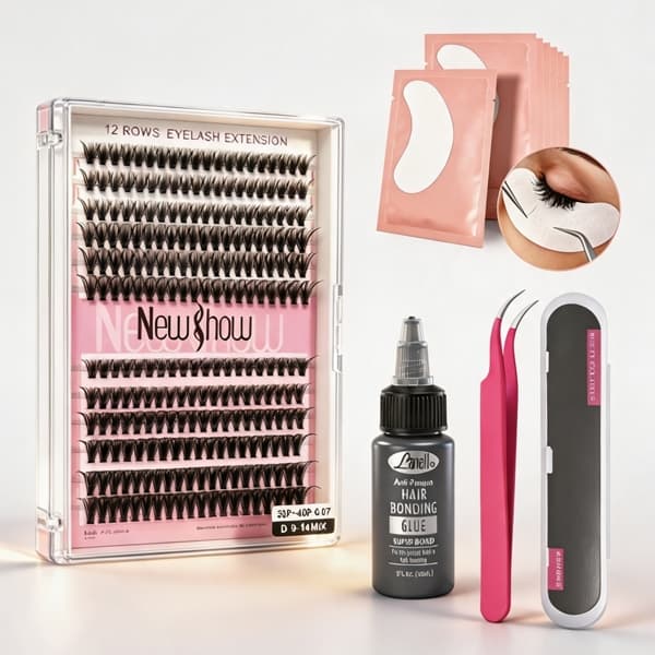 Kit Completo Extensão Cílios Newshow 240 Pcs 10P-50P MIX 9-14mm + Cola Profissional + Pinça + 50 Adesivos Oculares