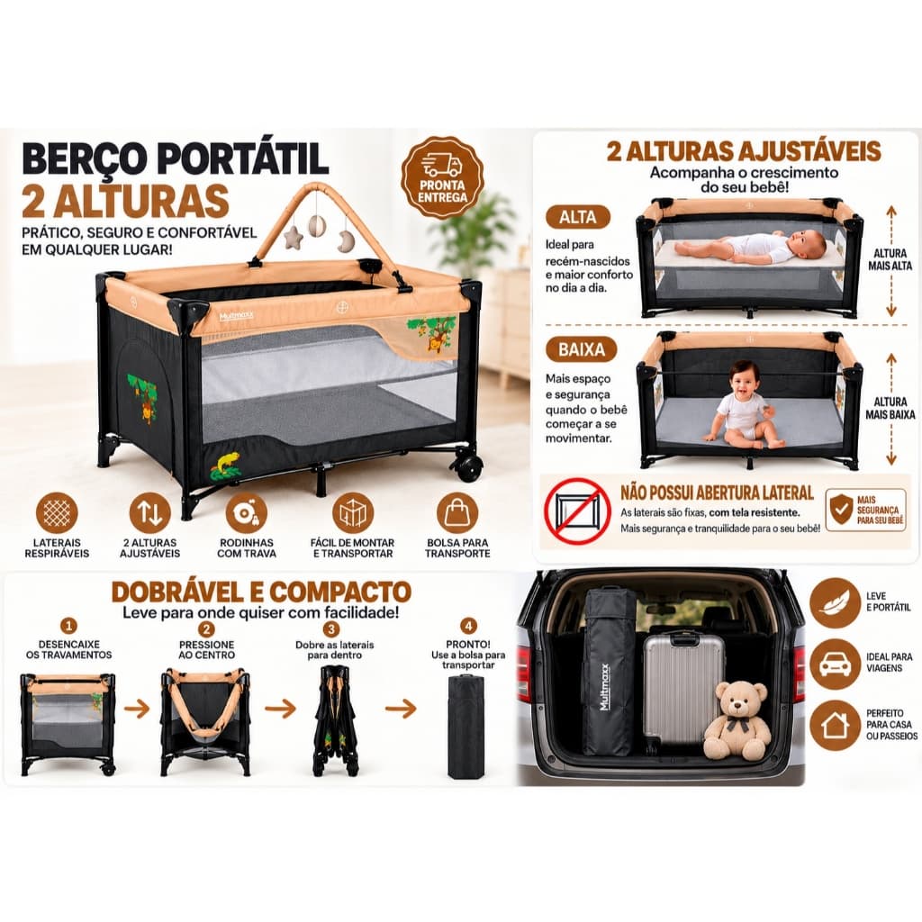 Berço Portátil Infantil Cercadinho Dobrável para Viagem Moises Com Bolsa Transporte Cercado Bebê