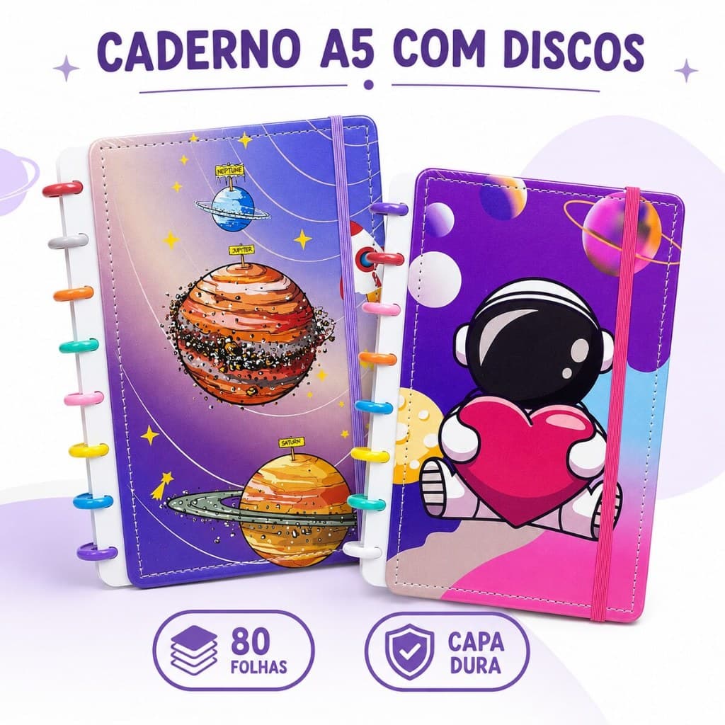 Caderno Inteligente Reutilizável A5 80 Folhas Sistema de Discos Capa Dura