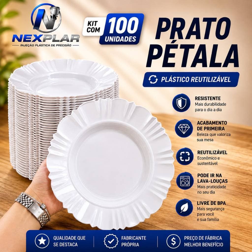 KIT 100 PRATOS PLÁSTICO BRANCO REUTILI´ZAVEL DURÁVEL PÉTALA PARA BUFFET EVENTOS ANIVERSÁRIOS JANTAR  PRÁTICO FUNDO CHURR