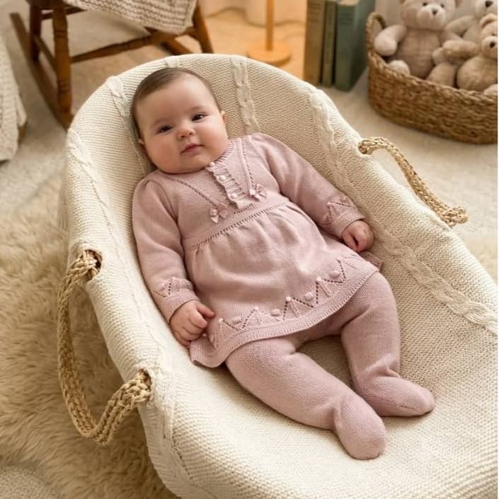 Vestido Calça Saída Maternidade RN Pérola Récem Nascido Tricô Bebê Menina