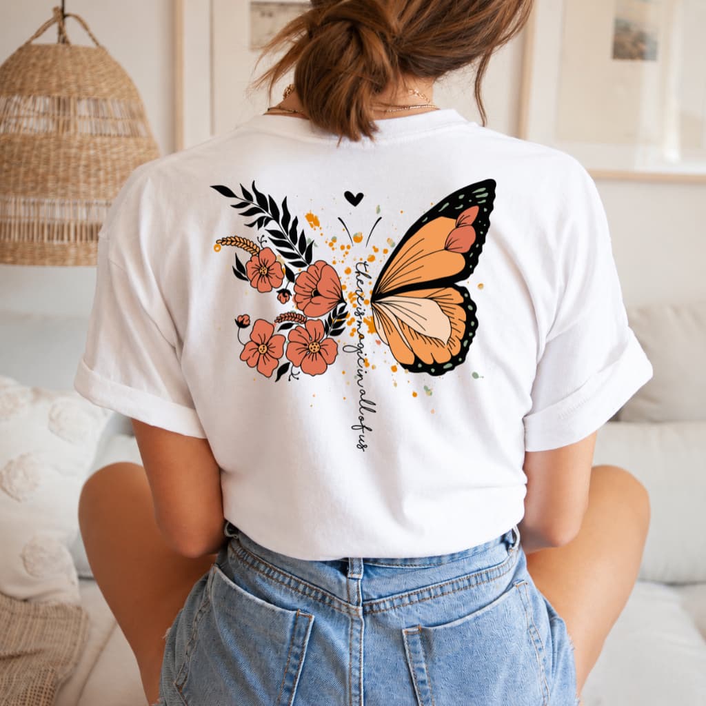 Camiseta Feminina Estampa Borboleta Estilosa T-Shirt 100% Algodão Promoção Camiseta Estampada Ombro a Ombro – Conforto