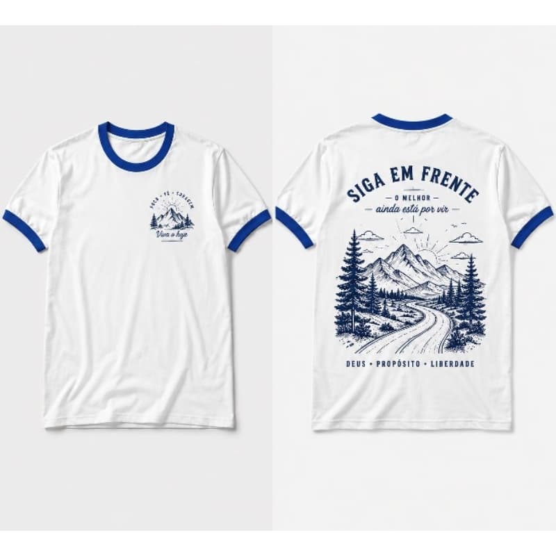 Camiseta Masculina Ringer Branca Gola e Punho Azul Estampada Frente / Costas Casual Viagem Streetwear