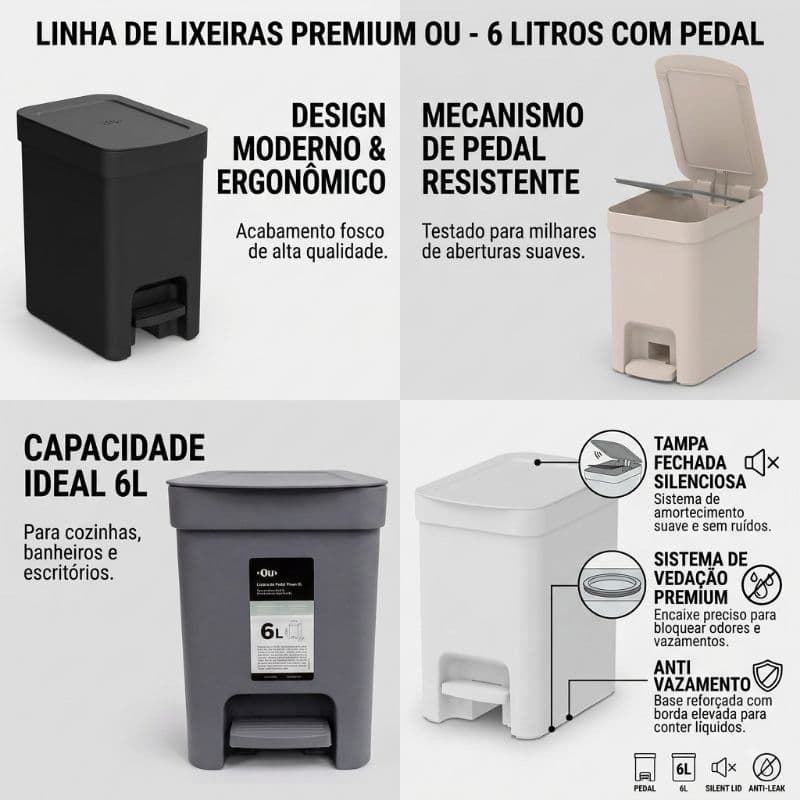 Lixeira C/ Pedal 6 Litros Tampa Fechada Antivazamento Vedacao Silenciosa Escritório Cozinha Banheiro