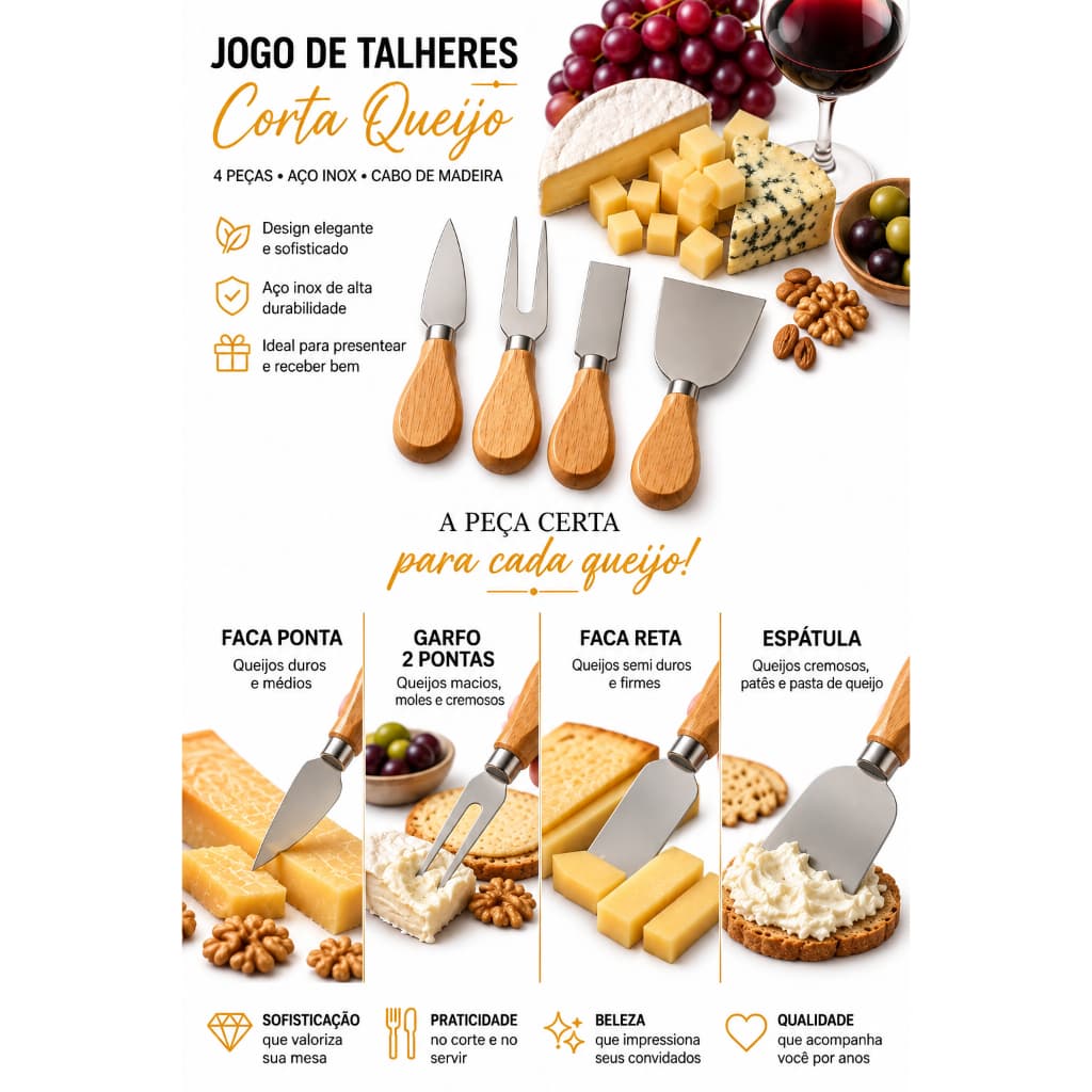 Conjunto Jogo P/ Cortar Queijo 4 Pçs Inox e Madeira Kit Facas Espátula