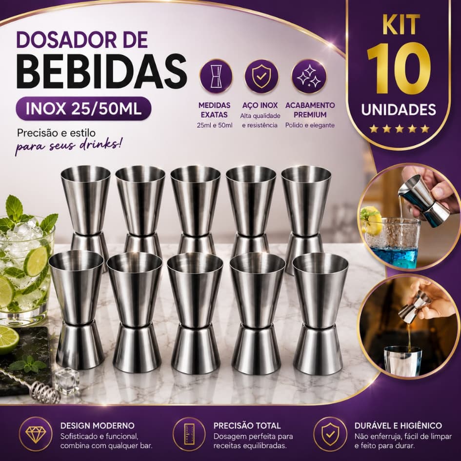KIT 5 10 Medidor Dosador Duplo 25/50ml de Bebidas em Aço Inox Jigger Drinks Coquetéis Bartender Bar