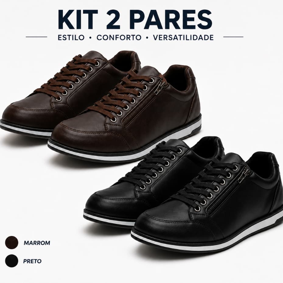 Kit 2 Tênis Masculino Casual Sapatenis Café Confortável com Zíper Lateral e Cadarço Sapato Premium