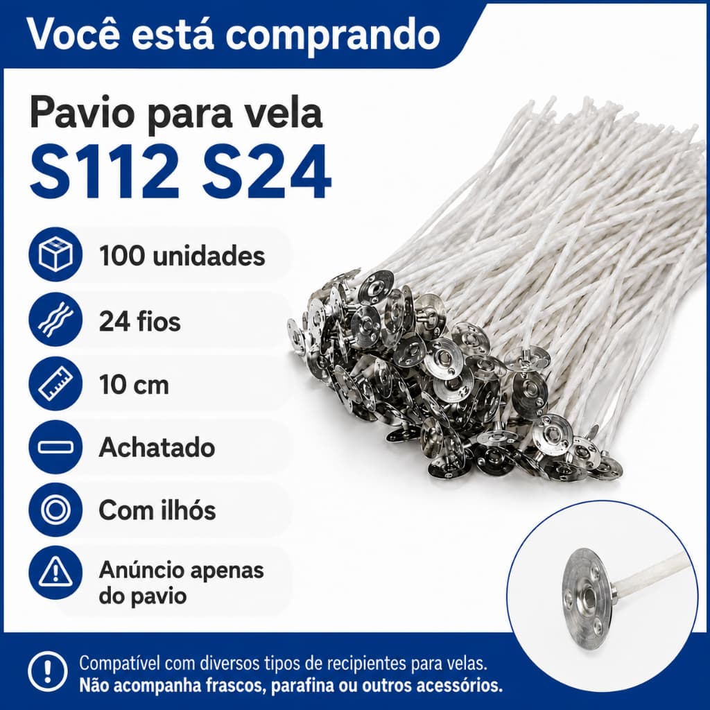Pavio Vela Aromática Artesanais Lembrancinhas 1mm 100% Algodão Parafinado S24 - 24 Fios 10cm  100Uns
