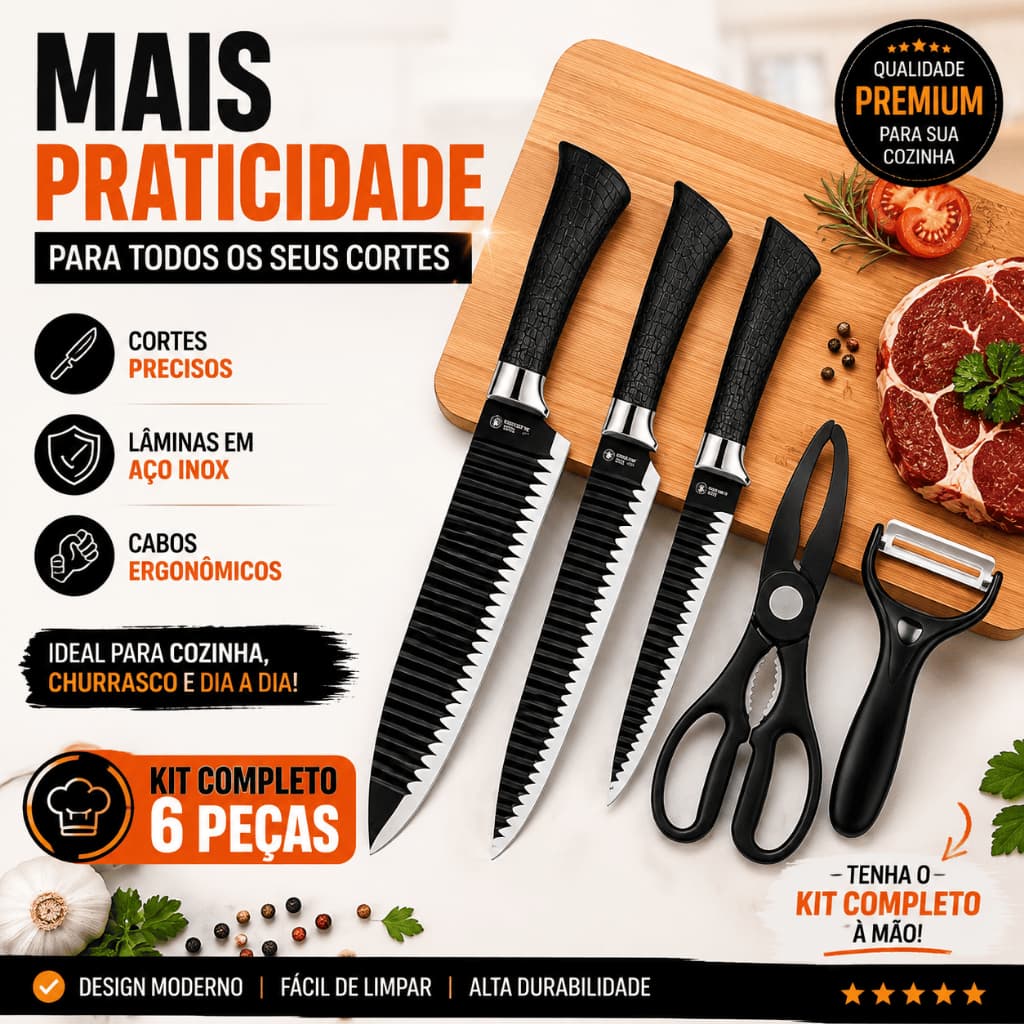 Jogo de Facas 6 Peças Preto Aço Inox Chef Cozinha Churrasco Tesoura Descascador