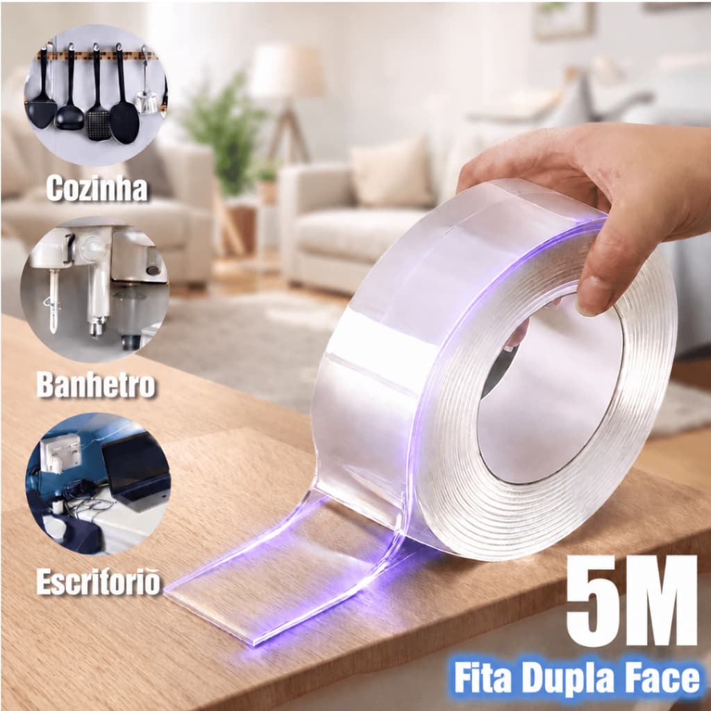 Fita Dupla Face 3/5 Metro Transparente Extra Forte NanoGel Lavável Auto Colante
