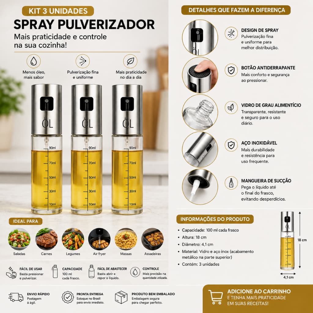 Kit 3 Peças Spray Pulverizador Borrifador Vidro Azeite Vinagre Óleos Essenciais Cozinha Premium Promoção