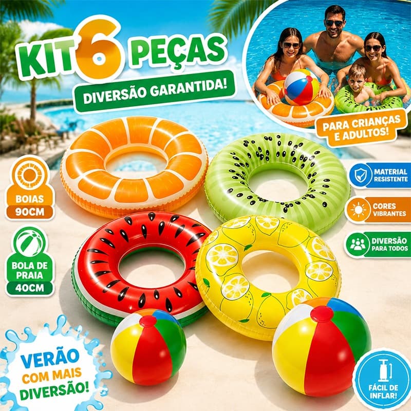Kit 6 Boias Infláveis De Frutas Gigantes Para Piscina + Bola De Praia 40cm Verão Infantil e Adulto
