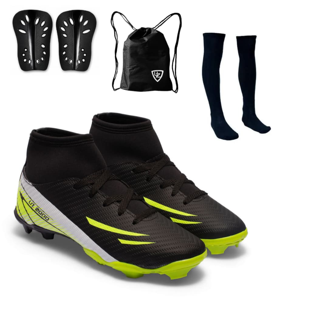Chuteira Futebol Campo Uz2000 Botinha Cano Alto Uzze Sport + Meião + Caneleira + Mochila