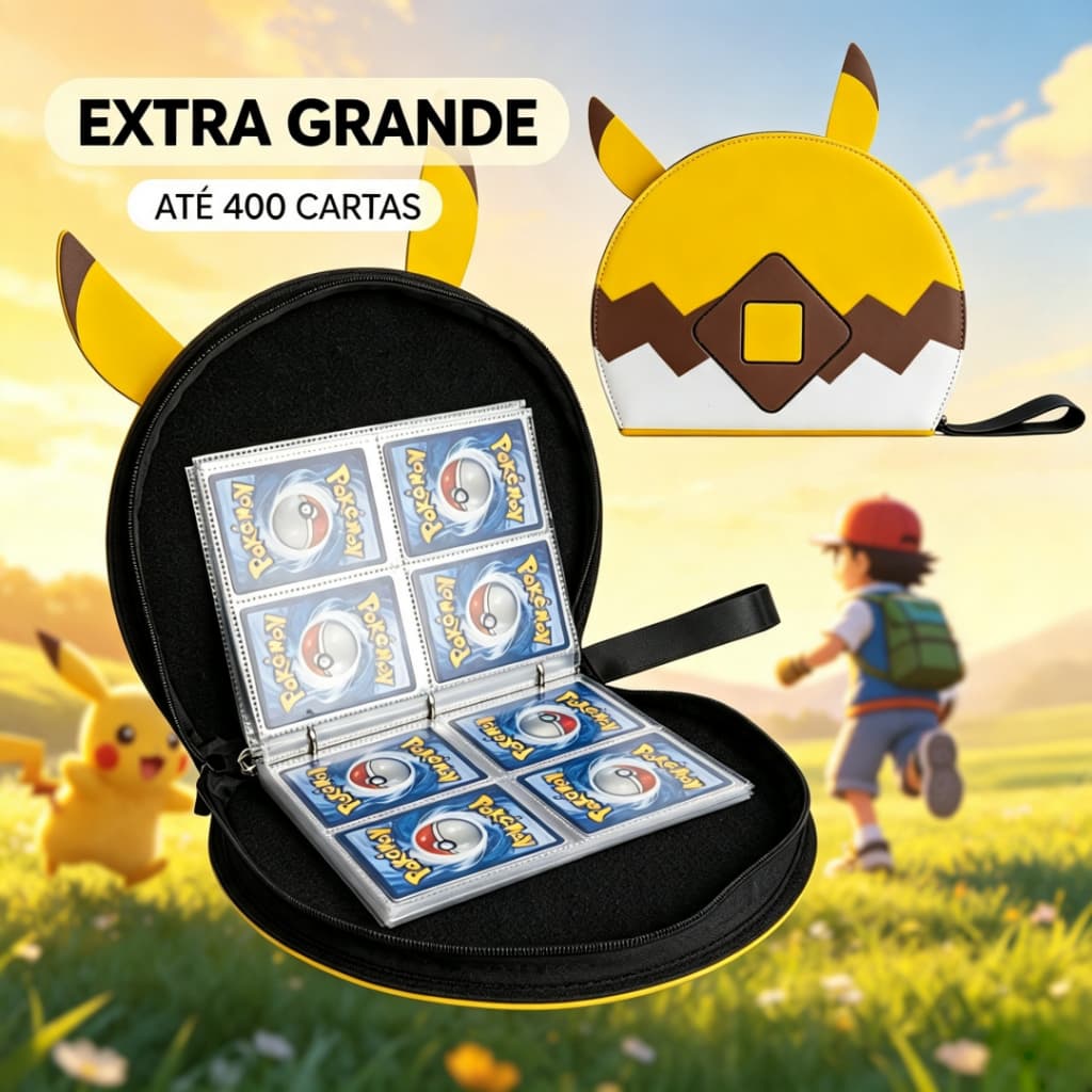 Álbum Pikachu Extra Grande 400 Cartas Pokémon TCG Fichário Porta Cards com Zíper para Colecionador