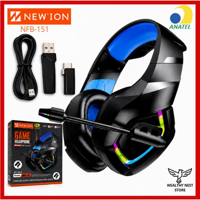 Fone De Ouvido Gamer Headphone Bluetooth Sem Fio Wireless Com Microfone 5.4 RGB Com Adaptador USB NFB-151
