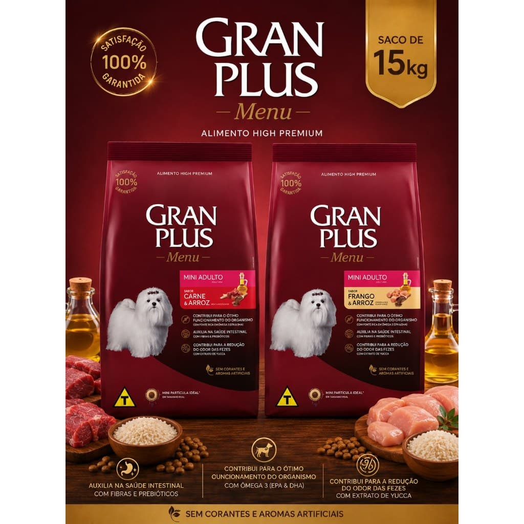 Ração GranPlus Menu Mini Cão Adulto Carne Arroz 15Kg
