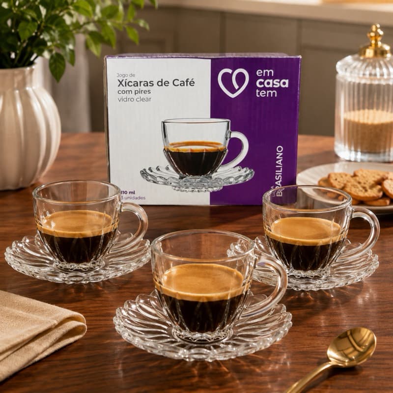Jogo Xícaras de Café com Pires Vidro 110ml Kit 3 ou 6 Xícaras Transparentes Brasiliano